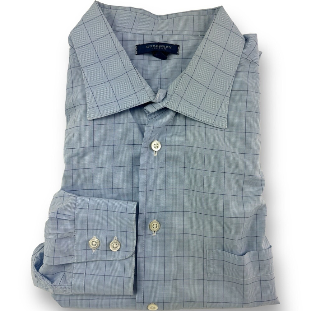 Burberry London Blue w/ Purple Check Long Sleeve Cotton Button Up Size 17.5/34‎